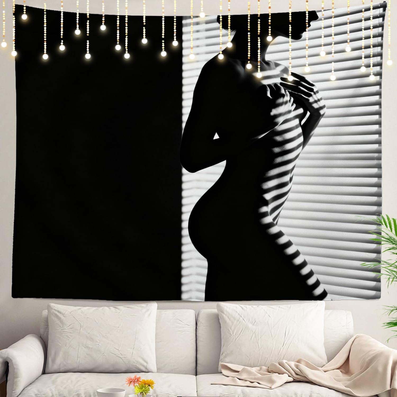 Fairy Lights Bedroom - Abstract Woman Silhouette Tapestry Wall Decor